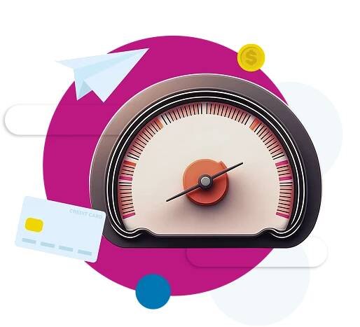 An illustration depicting a speedometer with a credit card and a paper airplane, symbolizing the swift and efficient salary benchmarking services provided by Kaizen Firm