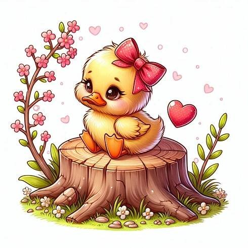 a cute little chickling sitting on top of a tree stump with a pink bow