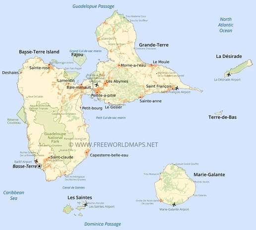 Guadeloupe Map; Geographical features of Guadeloupe of the Caribbean - Freeworldmaps.net