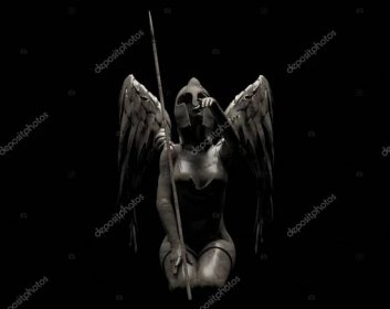 Descargar - 3d render ilustración de piedra antigua sombreada estatua del ángel guerrero femenino sentado pose con vista frontal de lanza sobre fondo negro. — Imagen de stock