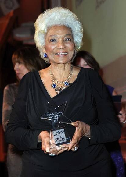 Actress/honoree Nichelle Nichols accepts the Mary Pickford Award at the 2016 Heroes Of Hollywood Awards Luncheon held at Taglyan Cultural Complex on May 11, 2016 in Hollywood, California.