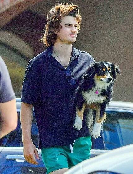 Joe Keery carries his Australian Shepherd puppy