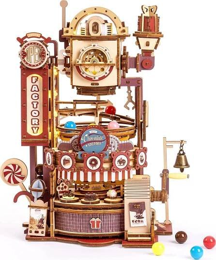 ROBOTIME Rokr 3D dřevěné puzzle - Kuličková dráha, Továrna na čokoládu s LED světly, 420 dílků | hlavolamy-puzzle.cz