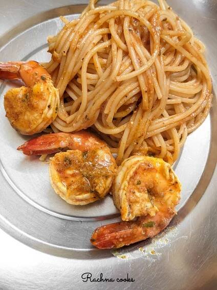 Tandoori prawns paired with pasta