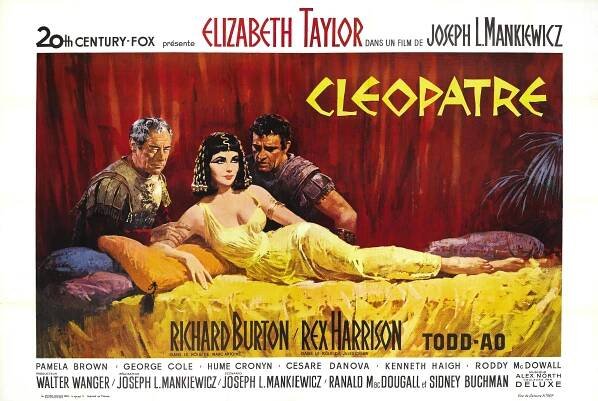 CLEOPATRA, l-r: Rex Harrison, Elizabeth Taylor, Richard Burton on French poster art, 1963