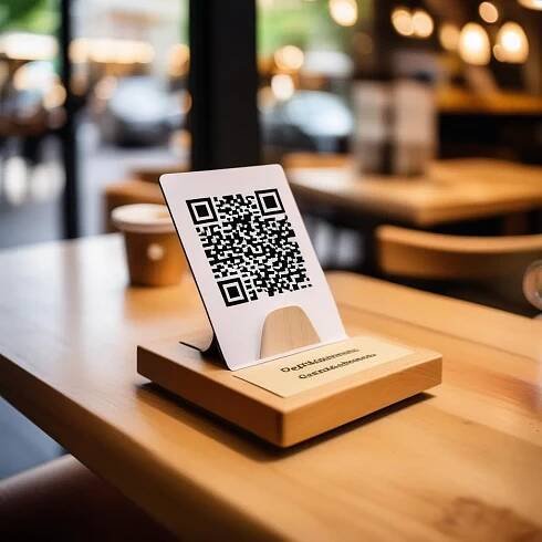A QR Code for menu viewing on a table at a resturaunt