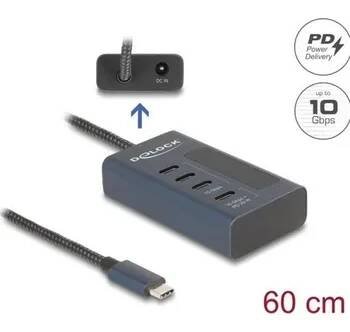 USB hub Delock USB 10 Gbps Hub se 4 porty USB Type-C™, z nichž 3 x datové porty a 1 x datový port s napájecím výkonem až 20 W 64189