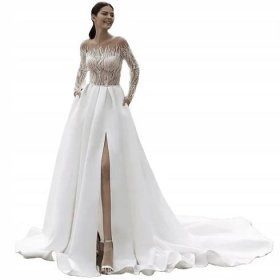 Svatební šaty #38 bílý satén rukávy horní telecí třpytky velikost 40 L