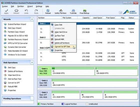 aomei partition assistant pro convert mbr to gpt disk