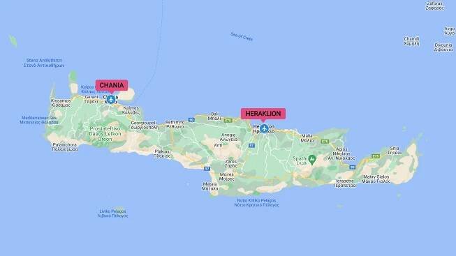 Mapa Kréty - letiská Heraklion a Chania