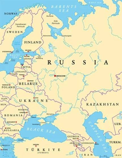 Východní Evropa a západní Asie, politická mapa s hlavními městy, hranicemi, jezery a řekami. S Černým mořem, Kaspickým mořem, Evropským Ruskem a malou částí Střední Asie. Ilustrace. Vektor. — Ilustrace