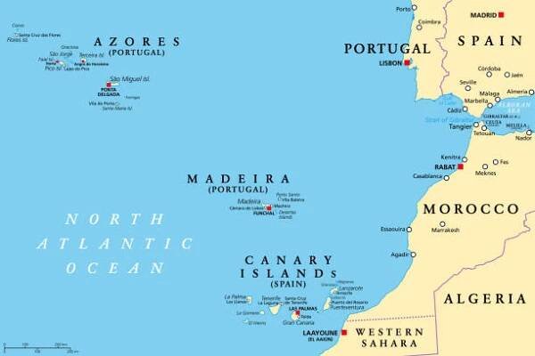 azory, madeira a kanárské ostrovy, autonomní oblasti, politická mapa - azory stock ilustrace