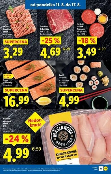 Nové Lidl akcie – leták je platný od 11.08.2025 | Strana: 13 | Produkty: Bravčová krkovička, Bravčové mäso, Tatarák, Sushi