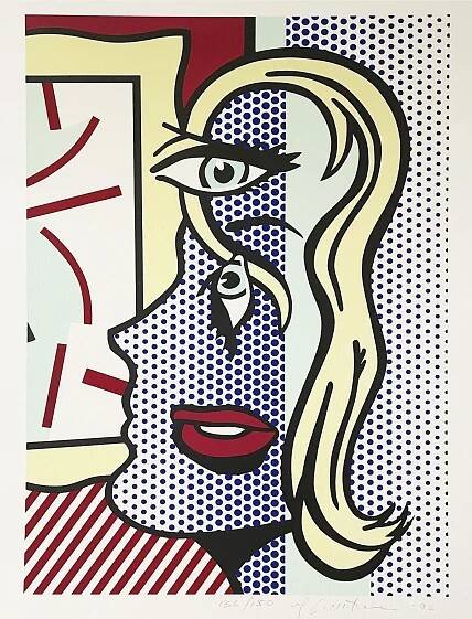 A vibrant Pop Art print by Roy Lichtenstein titled The Art Critic, featuring a stylized blonde woman’s profile created using bold black outlines, Ben-Day dots, and a comic book-inspired aesthetic. The composition includes striking primary colors—red, blue, and yellow—alongside geometric elements that break up the portrait. The woman’s face and hair are exaggerated, with an additional eye positioned above her primary one, creating a surreal and fragmented effect. Lichtenstein’s signature technique of using dots for shading and depth is evident throughout the artwork.