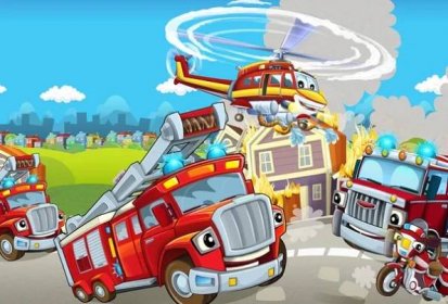 Kreslený fáze s různými stroji pro hasiče barevné a veselé scény — Stock obrázek