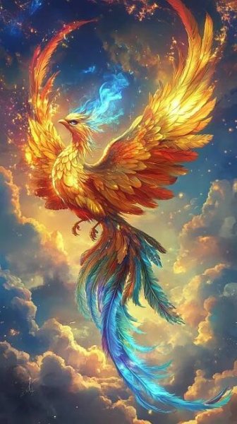 a painting of a bird flying through the air with clouds in the background and bright colors