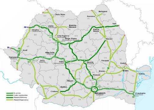 Mapa rumunské sítě dálnic a rychlostních silnic