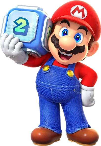 Mario holds a large Dice Block on his shoulder.