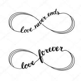 Symbol nekonečna lásky tetování. Ručně psaný kaligrafie písmo láska věčně a Láska nikdy nekončí na Valentýna.