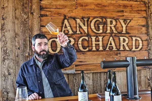 Ryan Burke looking at cider in a glass at Angry Orchard