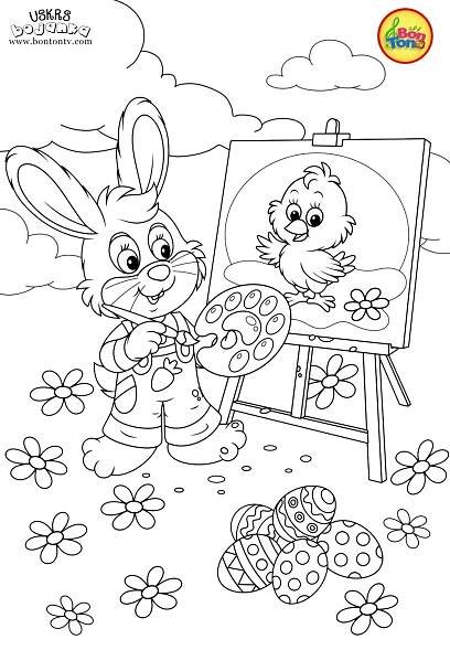 an easter bunny painting on the easel next to some eggs and flowers, while another rabbit looks on