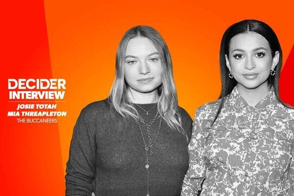 Josie Totah and Mia Threapleton in black and white on a bright orange background