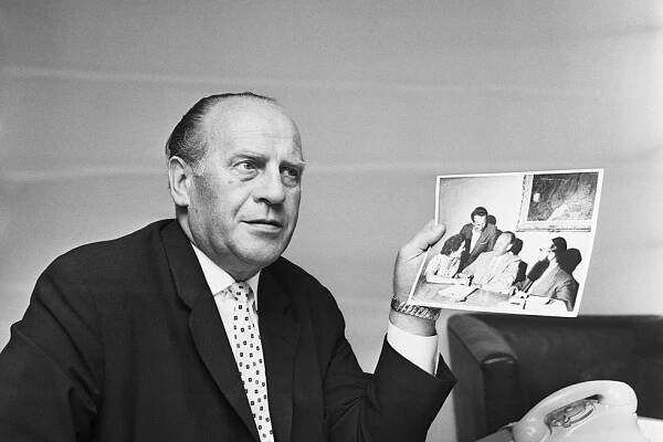 Businessman Oskar Schindler speaks about saving lives during the Holocaust of Germany's Third Reich at an interview. (Photo by Getty Images)