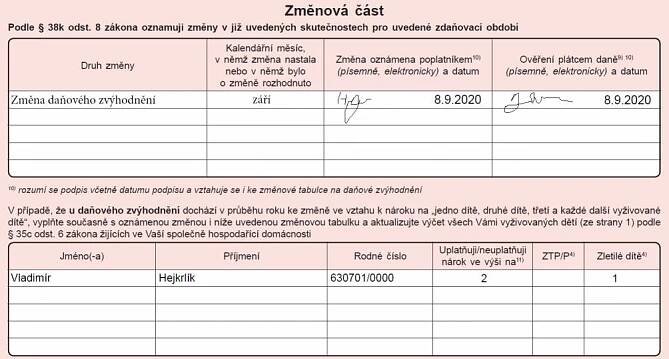 Prohlášení poplatníka daně - změna