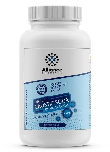 2lb Pure Lye Caustic Soda drain cleaner (NaOH) in white HDPE container - NSF-certified sodium hydroxide flakes by Alliance Chemical.
