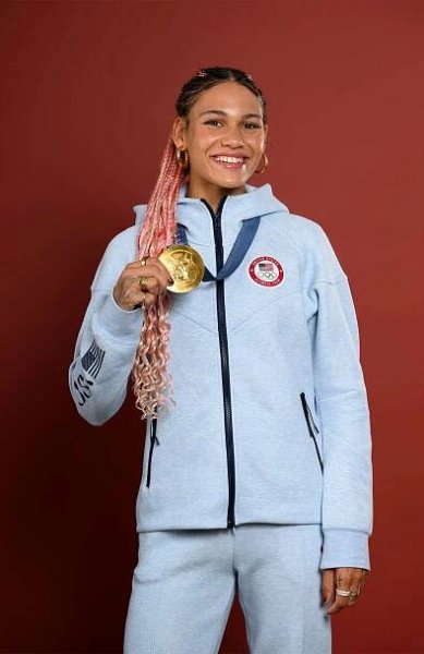 Olympian Trinity Rodman of Team United States poses on the Today Show Set on August 11, 2024 in Paris, France.