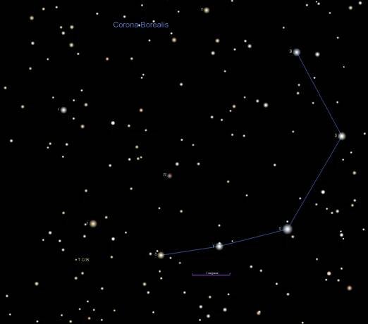 This closeup of Corona Borealis shows the location of T CrB with a green dot. In this view, North is up and East is left.