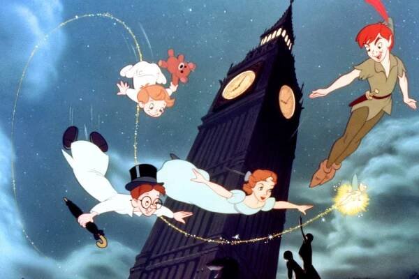 Michael Darling (voice: Tommy Luske), John Darling (voice: Paul Collins), Wendy Darling (voice: Kathryn Beaumont), Tinkerbell, and Peter Pan (voice: Bobby Driscoll) in 'Peter Pan'