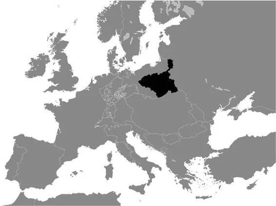 Černá plochá mapa Varšavského vévodství (rok 1812) uvnitř šedé mapy evropského kontinentu — Ilustrace