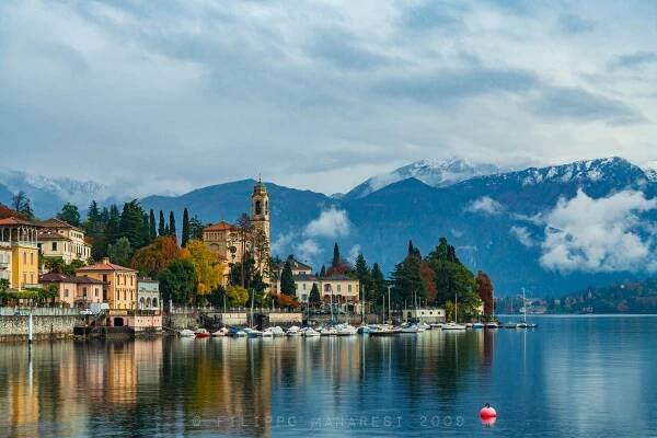 Alps, boats, church, Lake Como, Italy, landscape, mountains, Tremezzo