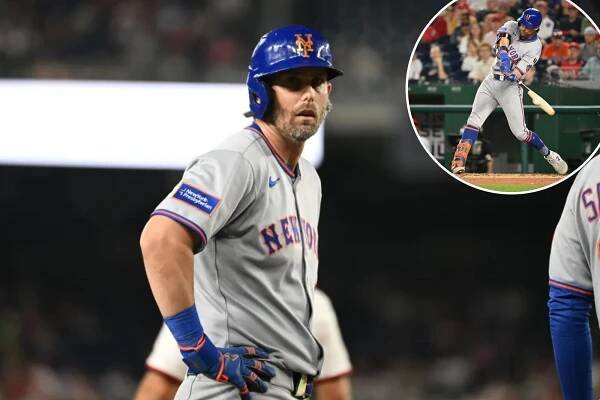 An image collage containing 2 images, Image 1 shows Jeff McNeil of the New York Mets at third base, Image 2 shows Jeff McNeil of the New York Mets batting