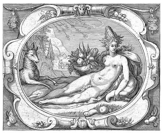 Země (Terra), Jacob Matham (dílna), po Jákobovi Mathamovi, 1606 - 1610 Zosobnění elementu Země: ležící nahá žena v krajině s rohem hojnosti a jelenem vedle ní. — Stock obrázek