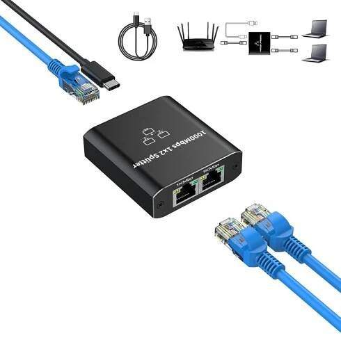 Adaptér rozbočovače mini Switch LAN splitter Ethernet RJ45 2xRJ45 1000M 1GB