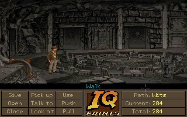 Screenshot of Indiana Jones and the Fate of Atlantis. Indy is in Atlantis, and at the bottom the IQ points of the current path are being displayed.