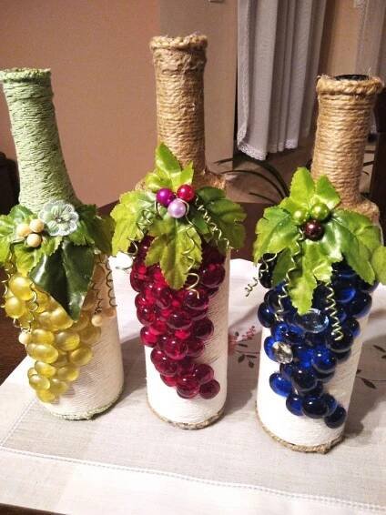 DIY Wine Bottle Crafts with Grapes and Leaves