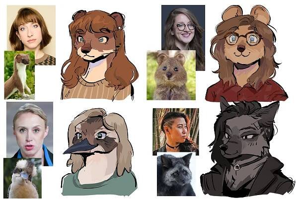 The image contains four Dropout comedians drawn as anthropomorphic animals. Next to each drawing is an image of the comedian and animal that have been combined. This page has [Katie Marovitch as a weasel, Jess Ross as a quokka, Amy Vorphal as a kookaburra, and Erika Ishii as a black fox.]