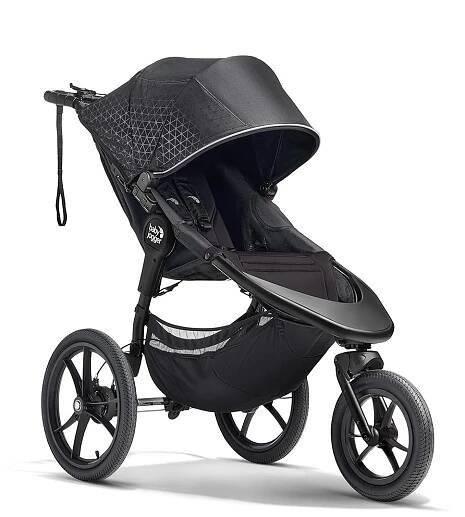 A black baby stroller with a black cover
