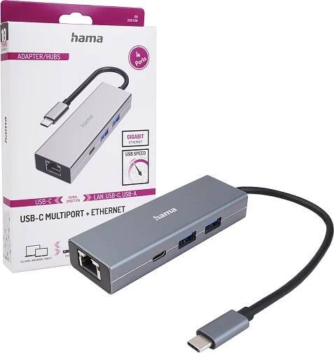hAMA 4-portový rozbočovač USB-C, 2 x USB-A, USB-C, LAN/Ethernet, šedý