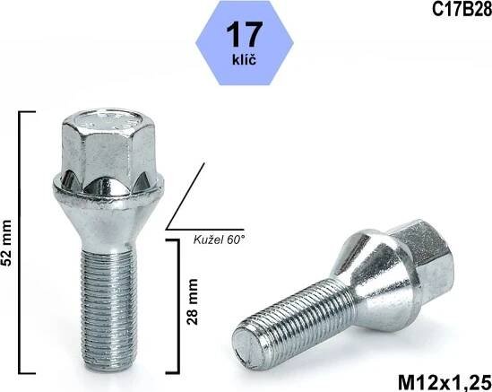 Kolový šroub M12x1,25x28 kužel, klíč 17, C17B28, výška 52 mm
