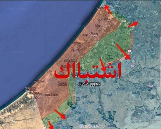 Mapa bojov a územia obsadeného militantmi Hamasu na juhu Izraela v blízkosti pásma Gazy