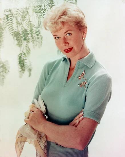 Doris Day In A Light Blue, Short-Sleeved Woollen Blouse With Two Dragonfly Brooches, Circa 1955.