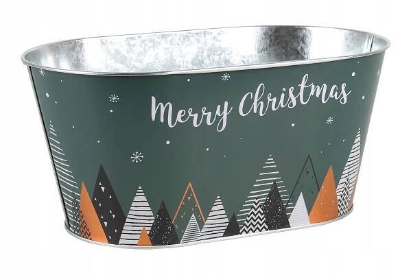 ZELENÝ OVÁLNÝ KOVOVÝ KOŠÍK NA VÁNOČNÍ STROMEK „MERRY CHRISTMAS“ 28,5x17x13 cm