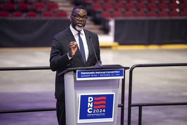 Chicago Mayor Brandon Johnson speaks during a media walk-through for the 2024 Democratic National Convention.