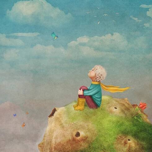 Malý princ s růží na planetě v krásném nebi, ilustrace