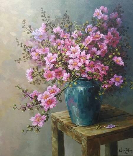 Pink Flowers in Blue Vase Painting