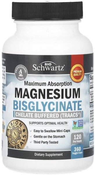 BioSchwartz Maximální absorpce, bisglycinát hořečnatý, 360 vegetariánských kapslí